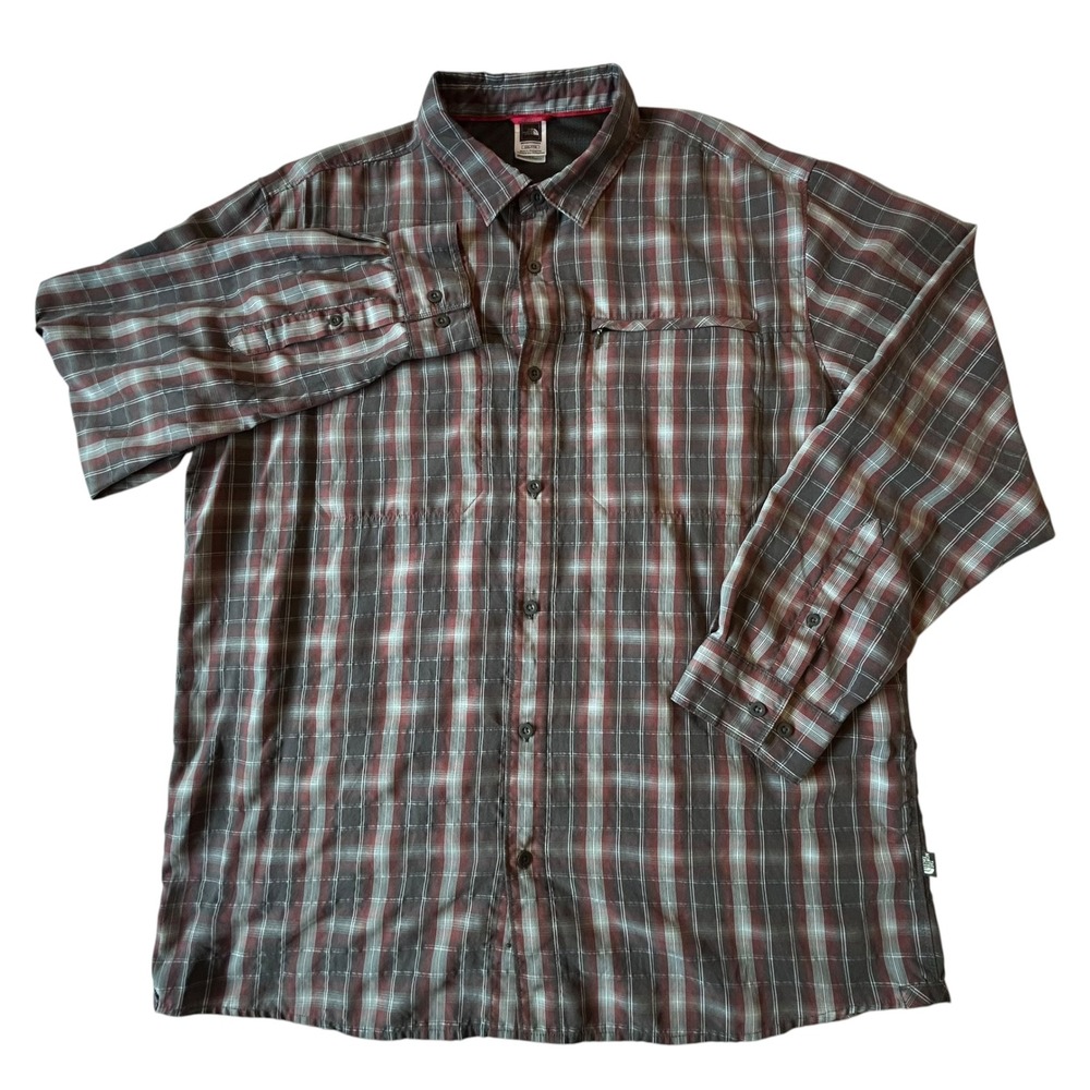 The North Face Mens XXL Plaid Button Down Shirt Red Gray Hiking Long Sleeve